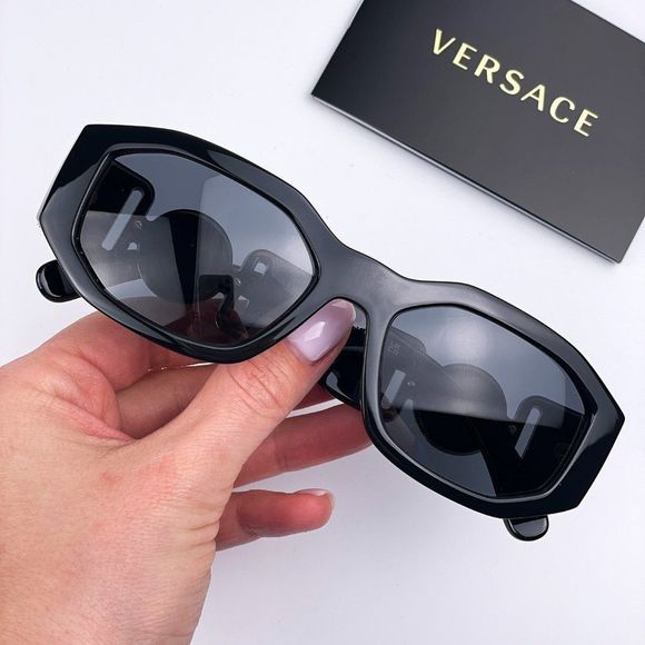 Versace VE4361 GB1/87 Sunglasses Black Gold Logo Dark Grey Oval Unisex